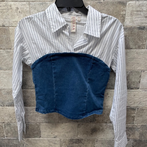 ❤️ ANTHROPOLOGIE DOLAN LEFT COAST DENIM KNIT SHIRTING TWOFER TOP SIZE XXS - Picture 2 of 11